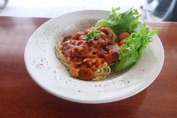 Spaghetti on dish in cafe