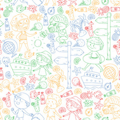 Happy children playing at seashore, beach, sea, ocean. Kids vacation and travelling. Swimming, doodle icons globe, cruise ship, cocktails.
