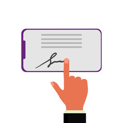 Digital signature on mobile phone. Man signing electronic document with finger on device.