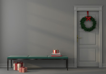 Festive interior with an green bench