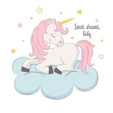 Cute unicorn on the clouds Illustration for kids