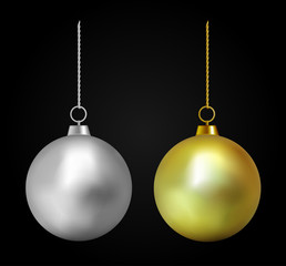 Realistic silver and gold Christmas ball. New year toy