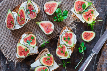 Goat cheese and figs on toast - healthy lunch idea - top view