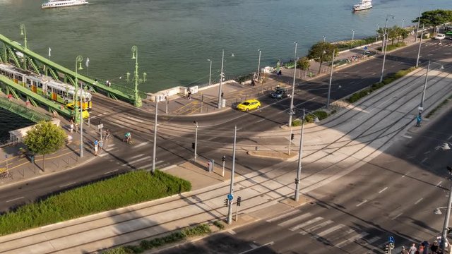 Traffic at the Liberty Bridge in Budapest - daylight time lapse (pan shot)