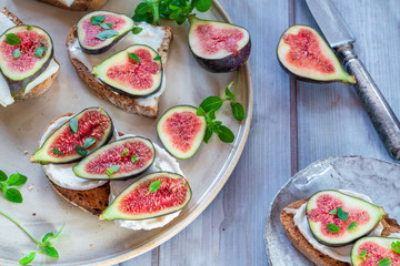 Goat cheese and figs on toast - healthy lunch idea - top view