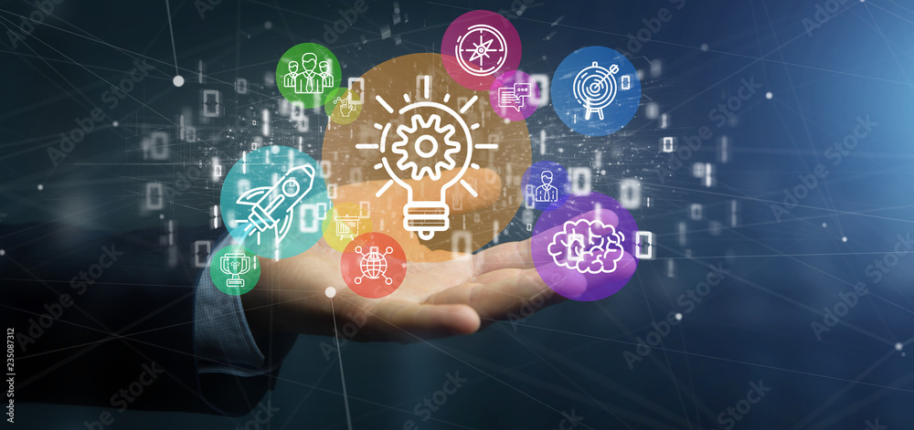 Poster cloud of colorfull start up icon bubble with data businessman holding a binary 3d rendering