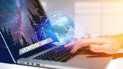 Businessman holding a Connected network over a earth globe concept on a futuristic interface - 3d rendering