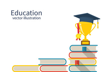 Education ladder concept. Top of the piles of books. Cup with an academic cap and a medal on top. Achievement goals in learning and success. Stairs knowledge.