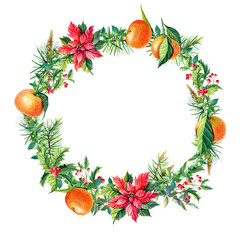 WatercolorChristmas Wreath with orange tangerines,Red poinsettia flowers,Holly,