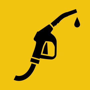 Fuel pump icon black silhouette. Petrol station symbol. Pictogram gas station. Sign gasoline pump nozzle with drop. Vector illustration flat design. Isolated on yellow background. 