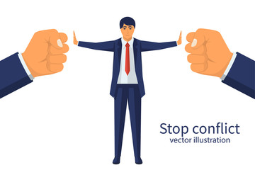 Stop conflict. Businessman referee finds compromise. Mediator solving competition. Conflict and solution. The man throws two fists. Vector illustration flat design. Isolated on white background.