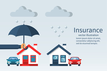 Concept of security of property. Weather insurance. Agent holding umbrella over house. Ruined house and car with broken windows. Vector illustration flat design. Isolated on white background.