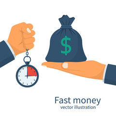 Fast money. Granting a loan in short time. Bag of money and stopwatch in hand. Quick simple credit. Business and finance services. Timely payment, financial solution. Vector illustration flat design.