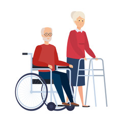 old woman with walker and old man in wheelchair