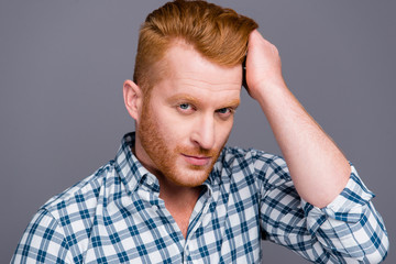 Close-up portrait of nice cool content confident virile masculin