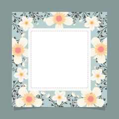Floral greeting card and invitation template for wedding or birthday anniversary, Vector square shape of text box label and frame, White cosmos flowers wreath ivy style with branch and leaves.