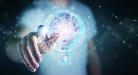 Businessman solving problem with digital question marks 3D rendering