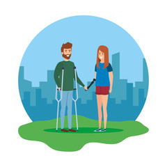 man with crutches and woman with hand prosthesis