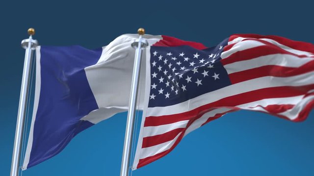 4k Seamless United States of America And France Flags with blue sky background,A fully digital rendering,The flag 3D animation loops at 20 seconds,USA FRA.