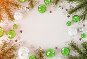 Christmas card mockup with green baubles 3D rendering