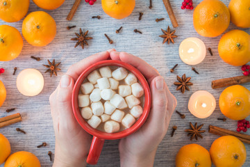 Woman's hands holding mug of hot cocoa and marshmallows with festive flat lay arrangement