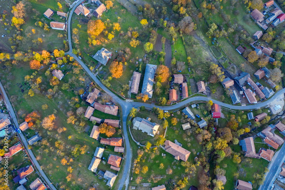 Wall mural village aerial top drone view