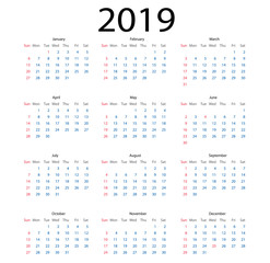 simple calendar 2019. calendar 2019 simple style on white background. week starts Sunday.
