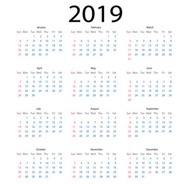 simple calendar 2019. calendar 2019 simple style on white background. week starts Sunday.