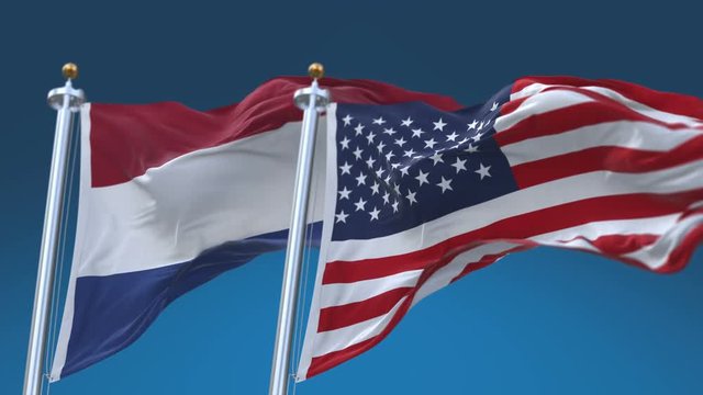 4k Seamless United States of America And Netherlands Holland Flags with blue sky background,A fully digNLl rendering,The flag 3D animation loops at 20 seconds,USA NL.