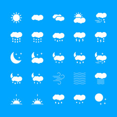 White weather icons set on blue background. Vector illustration.