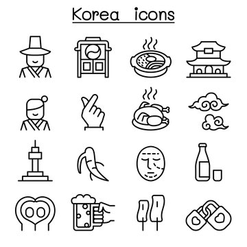 korea icon set in thin line style