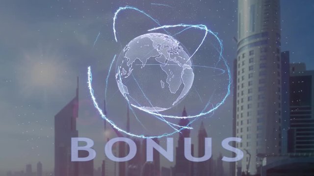 Bonus text with 3d hologram of the planet Earth against the backdrop of the modern metropolis. Futuristic animation concept