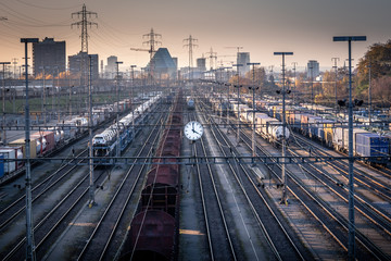 Obraz na płótnie Canvas Busy multiple railway, city and infrastructure