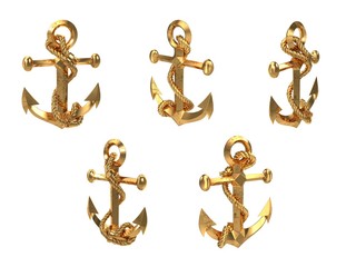 Golden sea anchor on an isolated white background. 3d illustration © pit3dd
