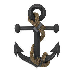 Old anchor with rope on an isolated white background. 3d illustration