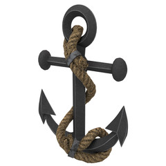 Old anchor with rope on an isolated white background. 3d illustration