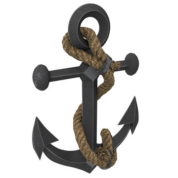 Old anchor with rope on an isolated white background. 3d illustration