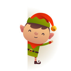 Christmas Cute elf standing behind blank signboard advertisement banner with copy space