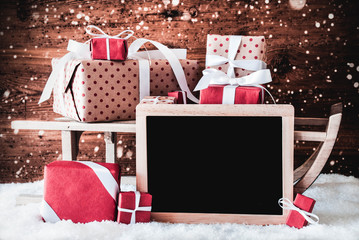 Sled With Gifts, Copy Space For Advertisement, Snowflakes