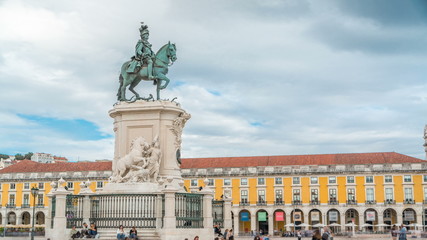 Bronze statue of King Jose I at Commerce square timelapse in Lisbon, Portugal.