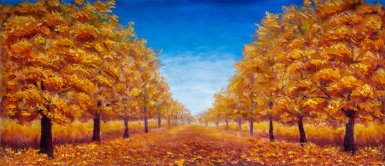 Autumn Oil painting landscape - colorful autumn forest alley park © weris7554