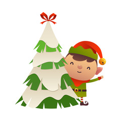 Cute cartoon elf behind christmas tree vector