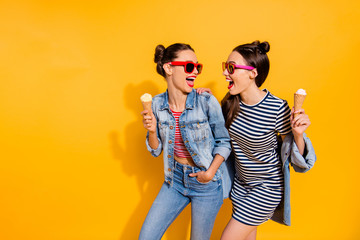 Photo of two brunette hair lady in glasses spectacles isolated o