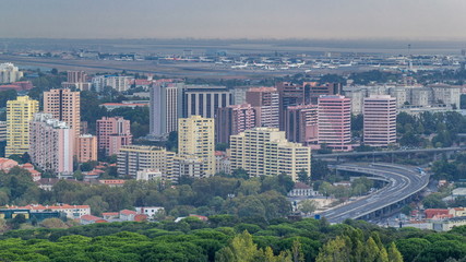 Aerial view of the airport in Lisbon, Portugal timelapse.