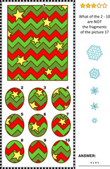 IQ training abstract visual puzzle, winter holidays, Christmas or New Year themed: What of the 2 - 10 are not the fragments of the picture 1? Answer included.
