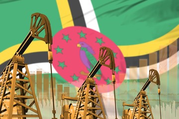 industrial illustration of oil wells - Dominica oil industry concept on flag background. 3D Illustration