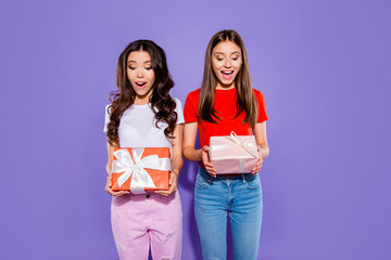 Portrait of two nice childish dreamy curious lovely attractive c