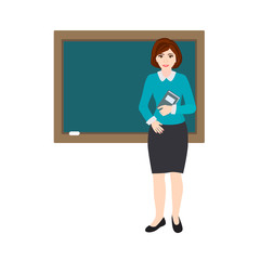 Teacher with book is  in front of a school blackboard. Cartoon vector illustration on a white background.