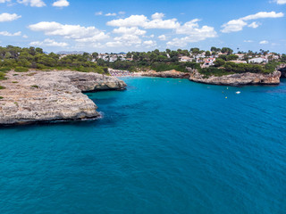 Fototapeta na wymiar Aerial view, Spain, Balearic Islands, Mallorca, Porto Cristo Novo, Cala Mendia coast with villas and natural harbor