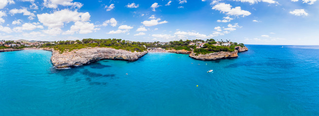 Aerial view, Spain, Balearic Islands, Mallorca, Porto Cristo Novo, Cala Mendia coast with villas and natural harbor - obrazy, fototapety, plakaty